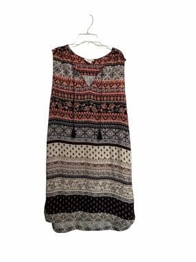 Beachlunchlounge Boho Batik Print Sleeveless Tassel Shift Dress - L